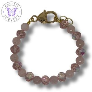 Handmade Gold Wire Bracelet with Rose Quartz and Pink Iridescent Gemstone Beads